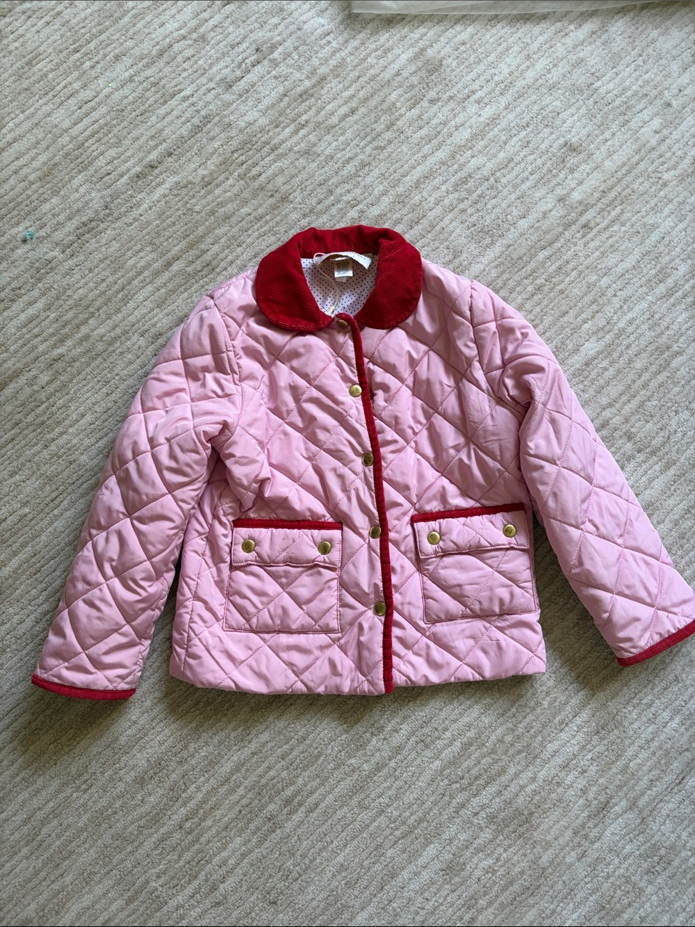 The Beaufort Bonnet Company Pink Quilted Puffer Jacket with Red Trim size 6